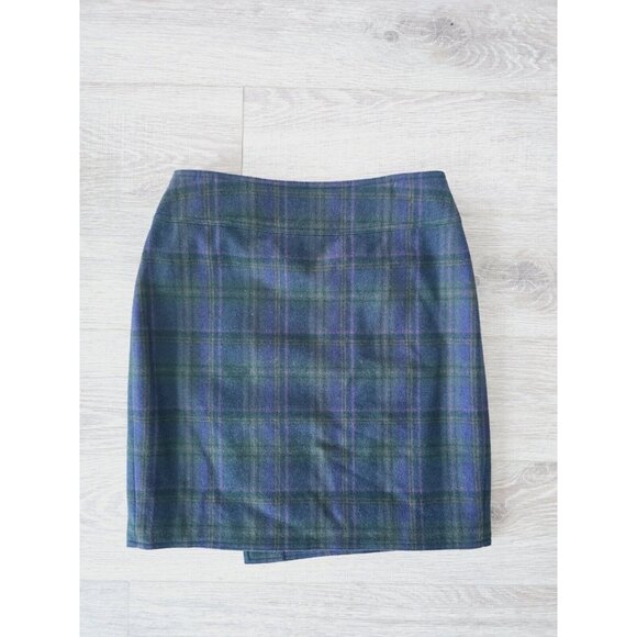 Lauren Ralph Lauren Wool Buckle Emerald Green Plaid Knee Short Wrap Skirt 8 M - Picture 4 of 5